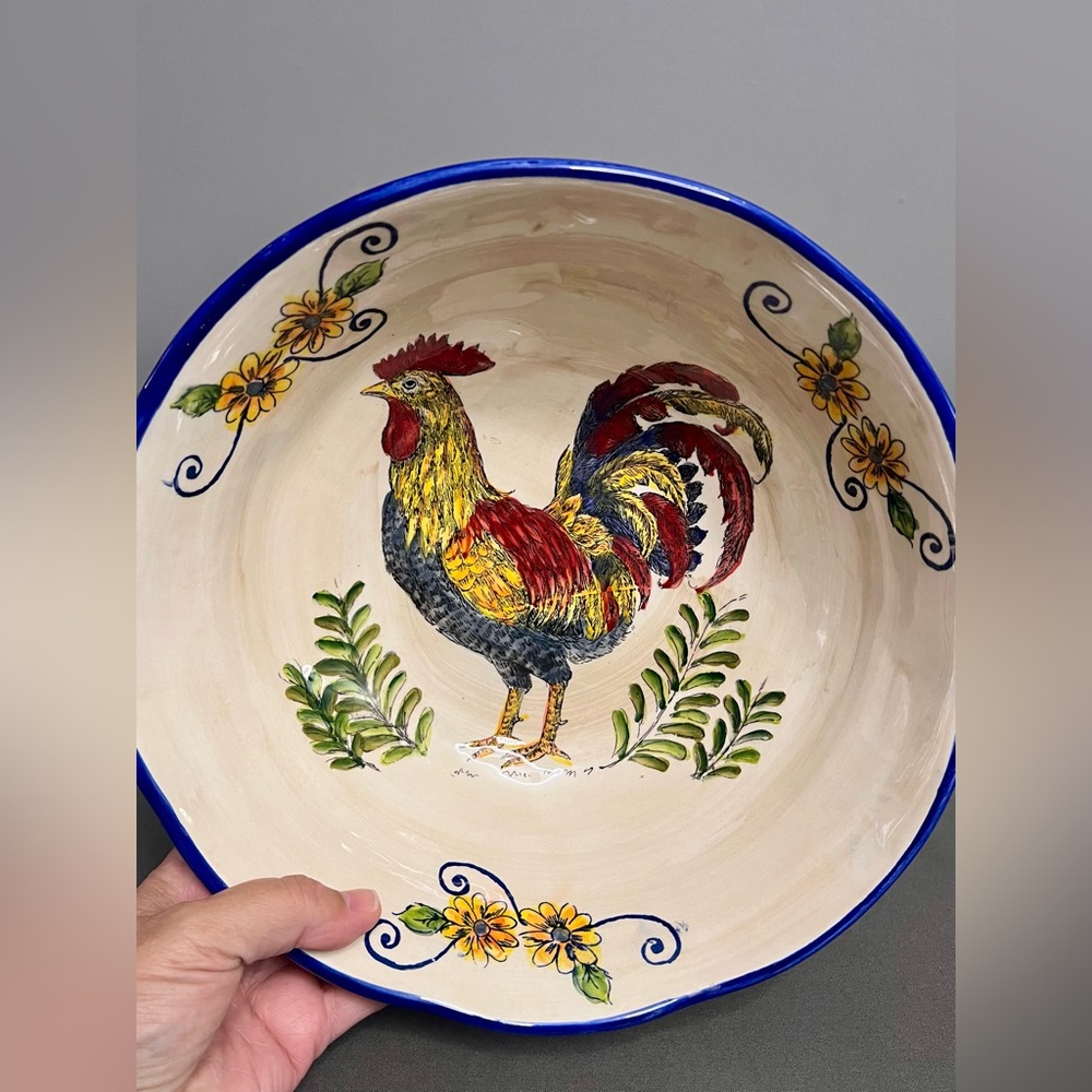 VTG Hand Painted Ruffled Edge Ceramic Rooster Serving Bowl Colorful 10x3.75”